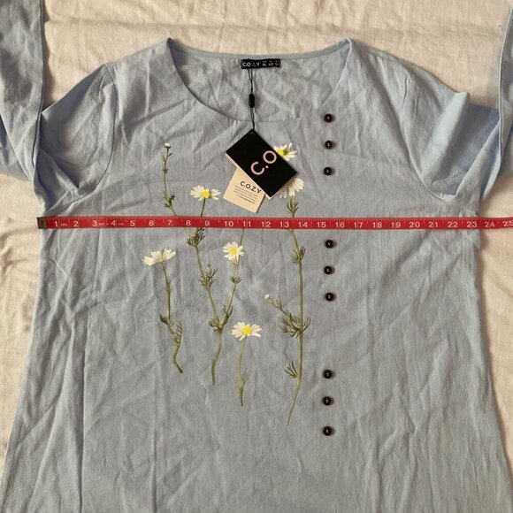C.O.Z.Y Womens Light Blue Long Sleeve Top With Daisy Print & Button Details - Si - Picture 3 of 10